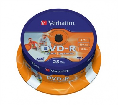 DVD-R disk, potlačiteľný, matný, ID, 4,7GB, 16x, 25 ks, cake box, VERBATIM