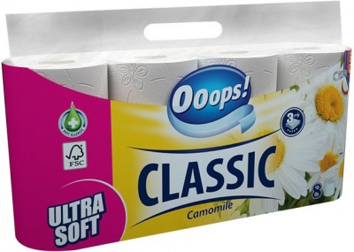 Toaletný papier, 3-vrstvový, malý kotúč, 8 kotúčov, OOOPS "Classic", kamilka